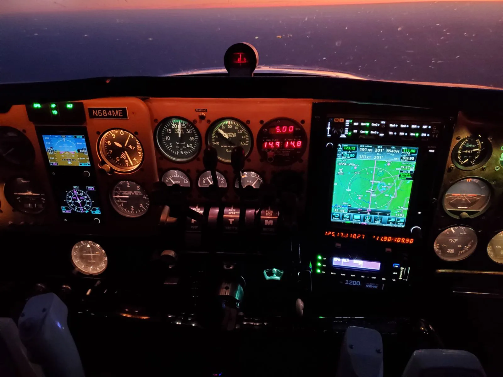 N584ME instrument panel illuminated at night